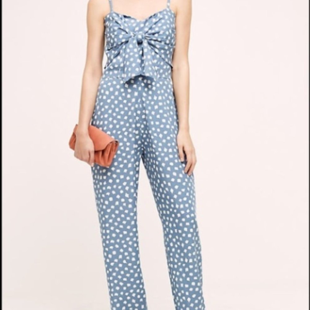 Anthropologie + Whit Two - *Euc* Blue White Polka Dot Tie Front Jump Suit - 10 View 2